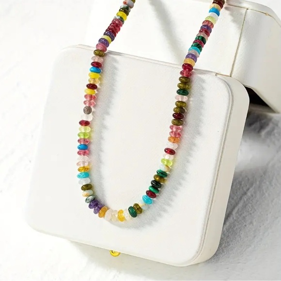 NEW Colorful Gemstone Natural Stone Beaded Adjustable Choker Necklace Gold - Picture 2 of 14